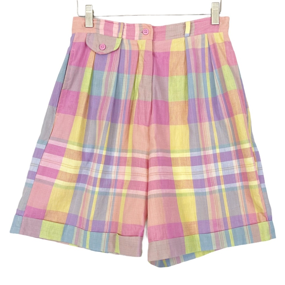VINTAGE 80s 90s Pastel Plaid High Rise Pleat Short